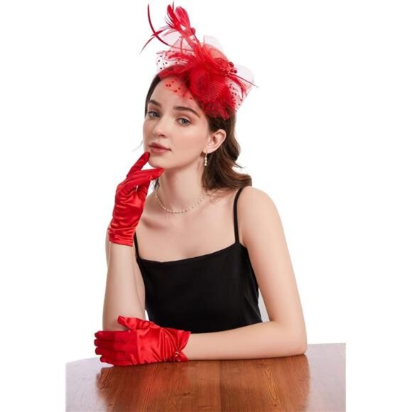 Fascinator Hat Veil Feather Red5 main image 6